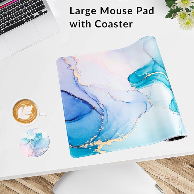 Large Gaming Mouse Pad with Coaster, Desk Matt for Desktop, Desk Pad, Mouse Pads Mat, Stitched Edges Big Extended Mousepad for Computer Keyboard Laptop Office Decor, 31.5'' x15.6''-Blue Marble