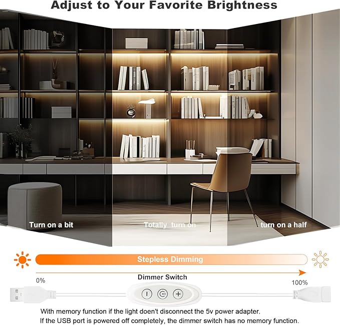 USB Light Strip Warm White 3000K CRI 92+ Small Dimmable COB LED Strip Light Cuttable 5V USB Powered 6 ft 10W for TV Backlight Cabinet Bedroom Indoor DIY Lighting Project