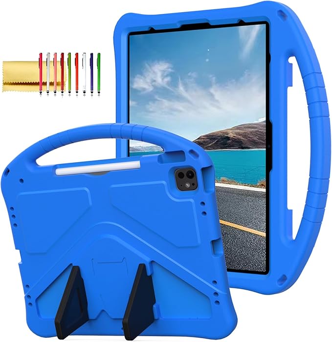 Dteck for iPad Air 11 Inch M2 2024/iPad Pro 11 inch 2024 M4 Kids Case with Pencil Holder, Kiddie Lightweight Shockproof Full-Body Handle Stand EVA Tablet Protective Girl Boy Kids Friendly Case,Blue