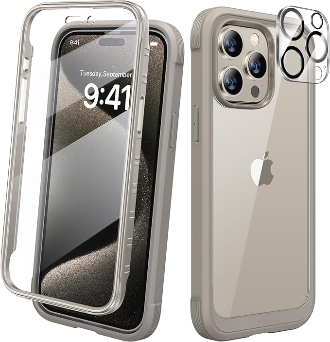 Diaclara Designed for iPhone 15 Pro Case, [Military-Grade Drop Proof] Full-Body Bump Case with Built-in Shockproof Screen Protector, [Camera Lens Protector] for iPhone 15 Pro 6.1"(Natural Titanium)