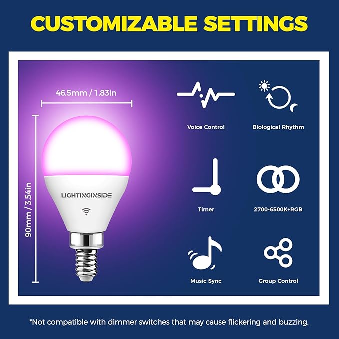 Lightinginside E12 Smart Light Bulbs 50W Equiv., G16.5 RGBCW Candelabra Chandelier Ceiling Fan Smart Bulb Works with Alexa/Google Home/SmartLife, 5W 550LM, 2.4G WiFi Bluetooth Bulb, ETL Listed, 2PCS