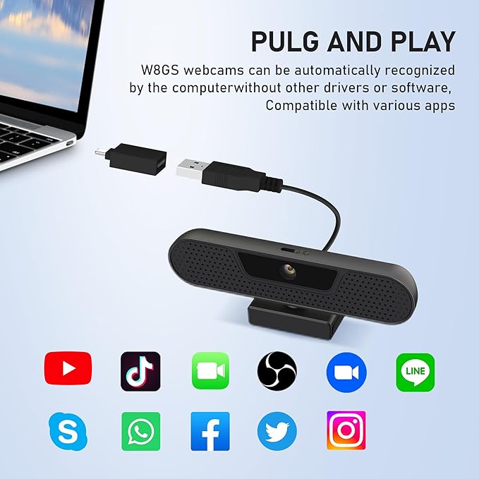 saylas 4K Webcam with 4 Noise Cancellation Microphone, W8GS Web Cam, Privacy Cover, 85° FOV, Plug & Play Web Streaming Camera for Computer, USB Webcam for Pc, Laptop, Desktop, Mac