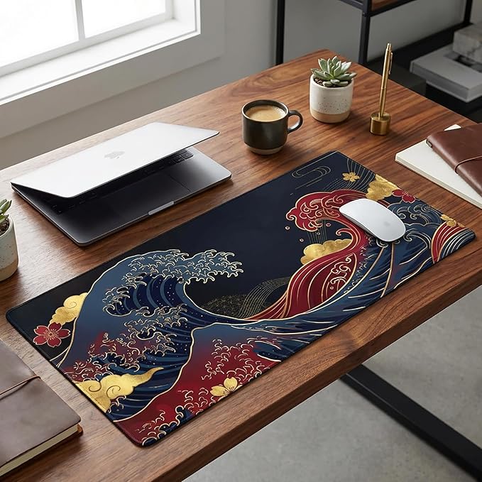 AQQA Japanese Great Wave Mouse Pad XL - Extended Gaming Desk Mat (31.5 x 15.7 in), Black and Gold Ukiyo-e Art Mousepad with Anti-Slip Rubber Base, Waterproof Keyboard Mat for Office, Home & Esports