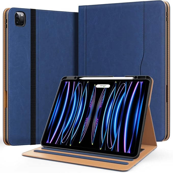 Zonefoker for New iPad Pro 12.9 Case 6th/5th/4th/3rd Generation 2022/2021/2020/2018, 12.9 inch ipad Pro Leather Folio Cover with Pencil Holder, Multi-Angle Viewing Stand, Auto Wake/Sleep, Navy Blue