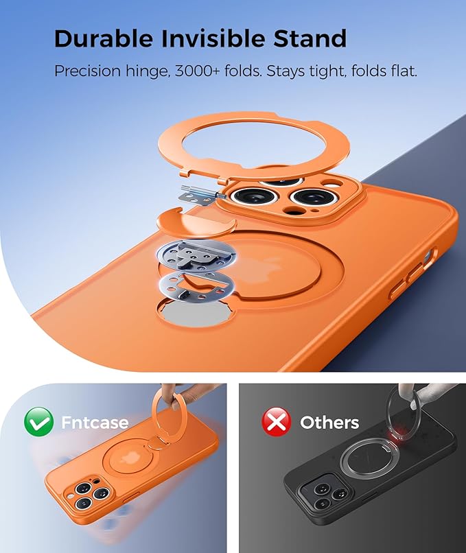 FNTCASE for iPhone 13 Pro Case: [360 Spin Magnetic Stand] [Compatible with Magsafe] [Screen Protector] Translucent Matte Military Grade Shockproof Full Camera Protective Phone Cover - Orange