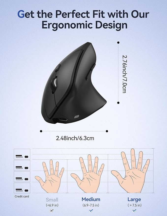 TECKNET Ergonomic Mouse, Wireless Vertical Mouse, 4800 DPI, Rechargeable Bluetooth Mice for Carpal Tunnel Right Hand, 3-Device Connectivity for Laptop, PC, MacBook, Black