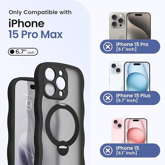 CAPRARO for iPhone 15 Pro Max Case with 360° Spin Magnetic Stand for Women, [Compatible with MagSafe] [Full Camera Protection] Cute Wave Translucent Matte Case for iPhone 15 Pro Max, Black