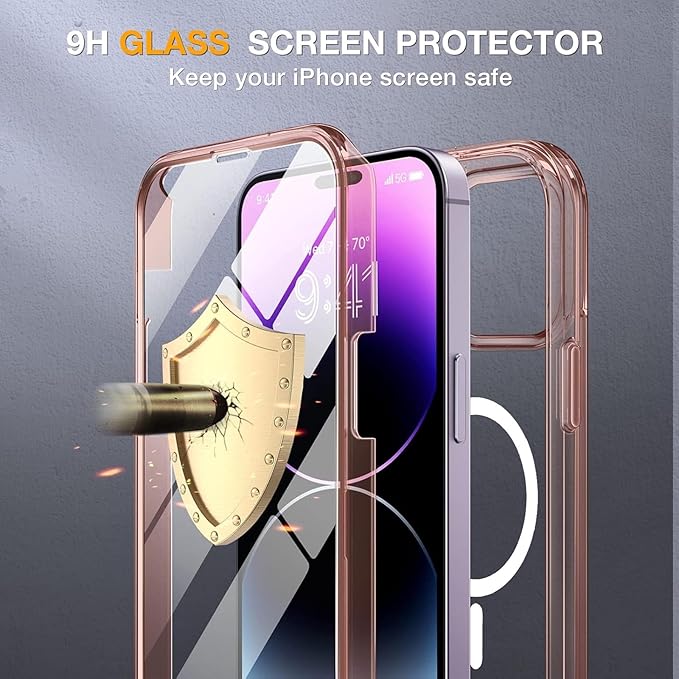 Miracase Magnetic for iPhone 14 Pro Case 6.1 inch, (Compatible with MagSafe) Upgrade Full-Body Clear Phone Bumper Case with Built-in 9H Tempered Glass Screen Protector, Magnetic Clear Pink