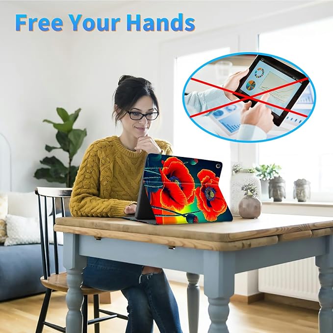 for Amazon Kindle Fire HD 10 (9th/7th/5th Generation, 2019/2017/2015 Release) 10.1" Tablet Case, Slim Kickstand Stand Leather Smart Cover with Auto Wake/Sleep, Red Flower