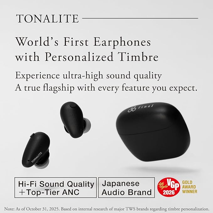Final Audio TONALITE Wireless Earbuds – Personalized Timbre with Head and Ear Scanning, Natural ANC, Bluetooth 6.0 – Black