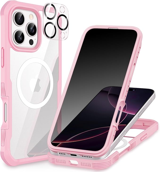 CENHUFO Magnetic Privacy for iPhone 16 Pro Case [Compatible with Magsafe] Full Body Phone Case Built-in 9H Tempered Glass Privacy Screen Protector and Camera Lens Cover, Shockproof Bumper - Pink