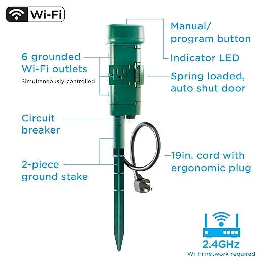 Enbrighten Vibe Wi‑Fi Matter Smart Plug Yard Stake, 2.4GHz, No Hub Required, Compatible with Alexa and Google Assistant, Six Grounded Plug‑in Outlets for Outdoor Use, 81200-S1