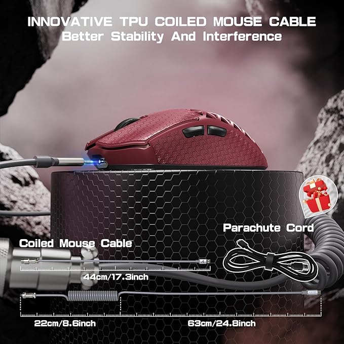 ATTACK SHARK R5 Ultra Wireless Gaming Mouse,Carbon Fiber Shell 39g Superlight,PAW3950MAX Nordic 52840 MCU 8K Polling 42K DPI Optical Sensor,BT/2.4G/USB-C Wired Mice with Coiled Cable-Red&Griptape
