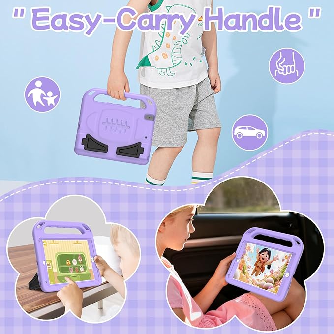 BMOUO Kids Case for iPad 5th/6th Generation, iPad 9.7 2018/2017 Case with Screen Protector, Shockproof iPad Air 2 Case with Handle Stand, Light Purple