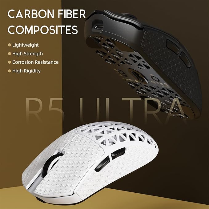 R5Ultra 8K Wireless Gaming Mouse with 42,000 DPI -PAW3950 MAX Sensor -39g Ultra-Lightweight Carbon Fiber -Nordic 52840 MCU Chip-Wired/BT/2.4GHz Wireless Programmable Mouse Griptape for PC/Mac (Black)