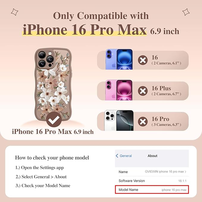 GVIEWIN for iPhone 16 Pro Max Case Compatible with MagSafe [Curly Wave Edge][Full Camera Protection] Floral Translucent Shockproof Magnetic Women Phone Case for 16 Pro Max, Dogwood/Brown