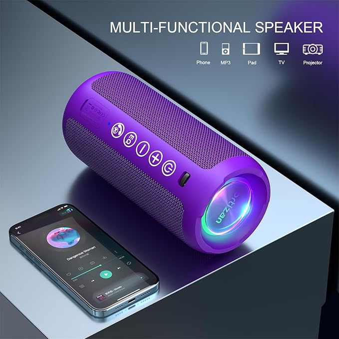 Ortizan Portable Bluetooth Speaker: IPX7 Waterproof, 24W Loud Sound, Deep Bass, Bluetooth 5.3, LED Lights, Wireless Stereo Pairing, 30H Playtime, for Home/Outdoor/Party/Beach, Birthday Gift, Purple