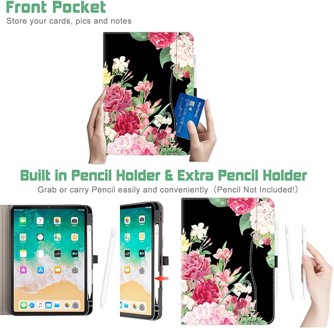 for iPad Air 11 Inch Case M4/M3/M2 2026/2025/2024, Black Flower for iPad Pro 11 Inch Case 4Th/3Rd/2Nd/1St Generation, for iPad Air 5Th/4Th Gen Cases 10.9 Inch Pencil Holder/Hand Strap/Pocket