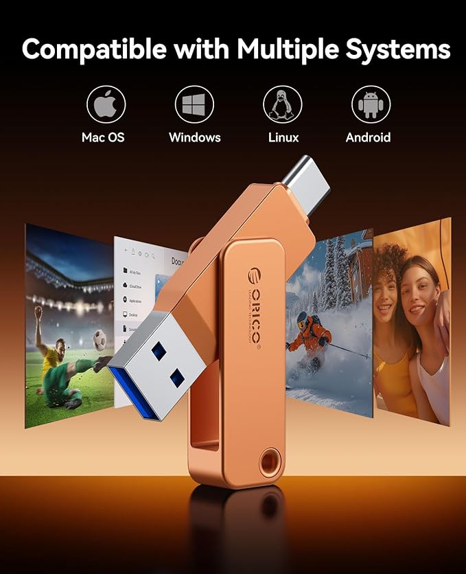 ORICO USB 3.0 Flash Drive 150MB/S Metal Housing Swivel Design Support OTG Function 2 in 1 PenDrive 128GB for USB C and USB A Devices -EB05 OR