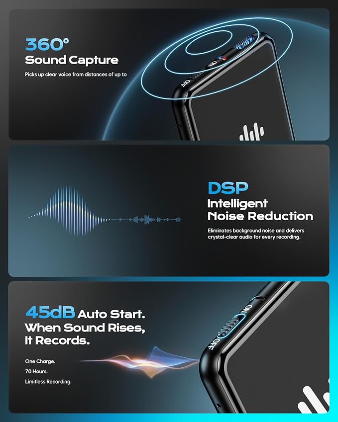 128G (9800 Hour) Voice Activated Recorder, Double-Sided Magnetic Audio Recorder with Playback, MP3 Form Voice Recorder with AI Noise Reduction, USB-C Listening Devices, 70H Continuous for Lectures