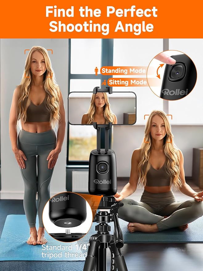 Rollei Auto Face Tracking Tripod, Desktop Smartphone Gimbal Stabilizer Phone Holder with AI Track for iPhone/Android Stand for Filming Streaming Tiktok Video Vlog