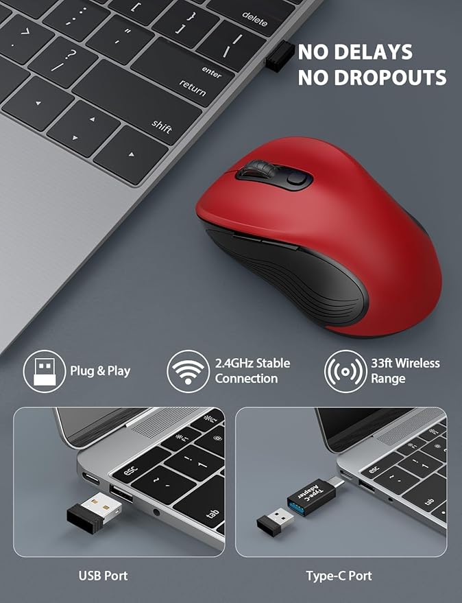 Trueque Wireless Mouse for Laptop, 2.4GHz Ergonomic Computer Mouse with Back & Forward Buttons, 3 Adjustable DPI Levels, 6 Buttons, Optical USB Cordless Mice for Windows PC, M01 (Red)