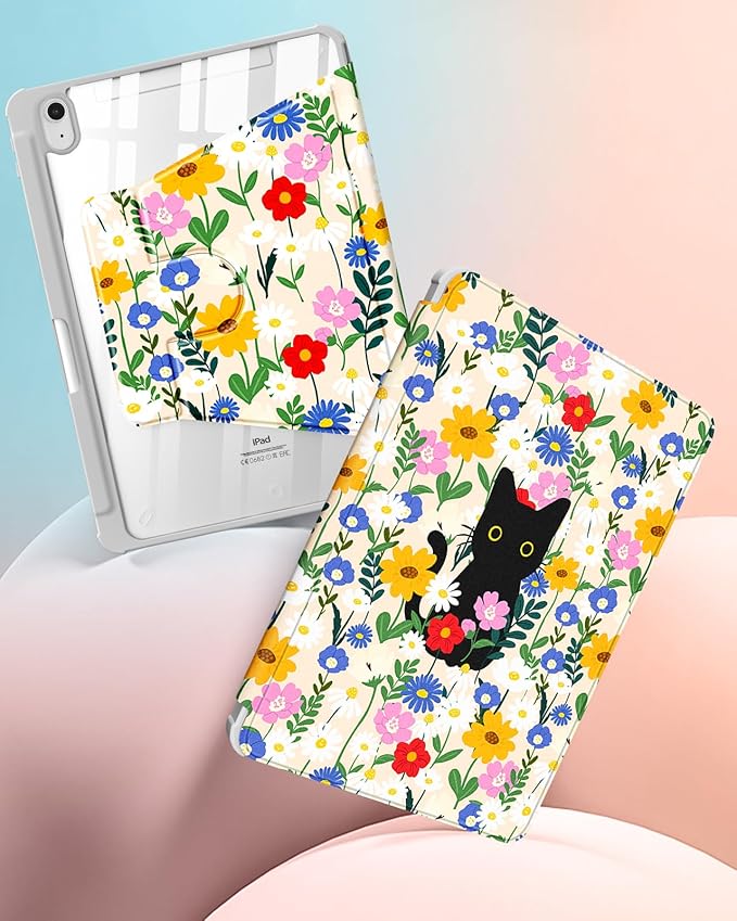 Uppuppy for iPad A16 Case for iPad 10th Generation Case 10.9 inch - 360 Degree Rotating Stand Folio Smart Cover with Pencil Holder for Women Girls, Cat & Flowers for Apple Tablet 10th 2022/11th 2025