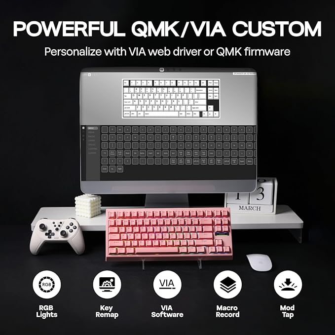 EPOMAKER G84 80% RGB Gaming Mechanical Keyboard, 2.4GHz/ Type-C/BT Wireless Keyboard, QMK/VIA Programmable, Hot-Swappable, NKRO, with Shine Through PBT Keycaps for Gamers (Pink, Creamy Jade Switch)