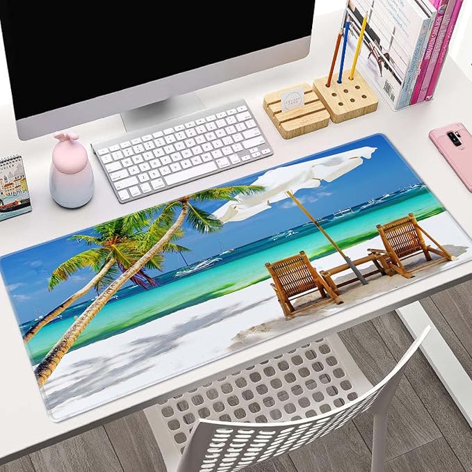 Desk Mat, Tropical Beach Extended Gaming Mouse Pad Large, 31.5"x11.8" Big Mouse Pad with Non-Slip Base and Stitched Edge, Long Computer Keyboard Mouse Mat for Home Office Work