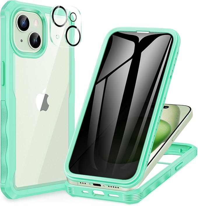 CENHUFO Privacy for iPhone 15 Case, Full Body Phone Case with Built-in 9H Tempered Glass Privacy Screen Protector and Camera Lens Protector, Anti Peep Spy Shockproof Bumper Clear Cover - Green
