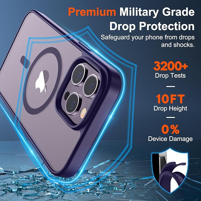 SUPFINE Magnetic for iPhone 14 Pro Case (Compatible with MagSafe) (Military Grade Drop Protection) Translucent Matte Shockproof Phone Case, Dark Purple