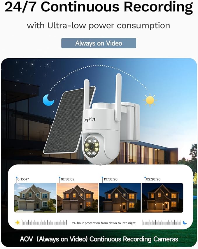 4G LTE Cellular Solar Security Cameras Wireless Outdoor, AOV 24/7 Recording, No WiFi Needed Security Camera, 2K Color Night Vision, 360° View, PIR Motion Detection, Pan Tilt, Built in SIM & SD Card