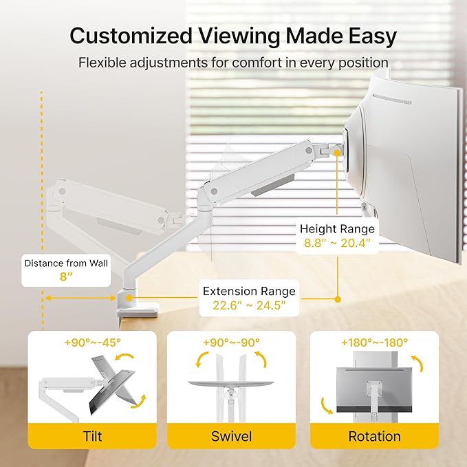 monTEK Single Monitor Arm for Max 45 Inch Ultrawide Screens Adjustable Monitor Desk Mount Holds 35 Lbs Cable Management with C Clamp/Grommet Desk Mount, VESA 75/100mm