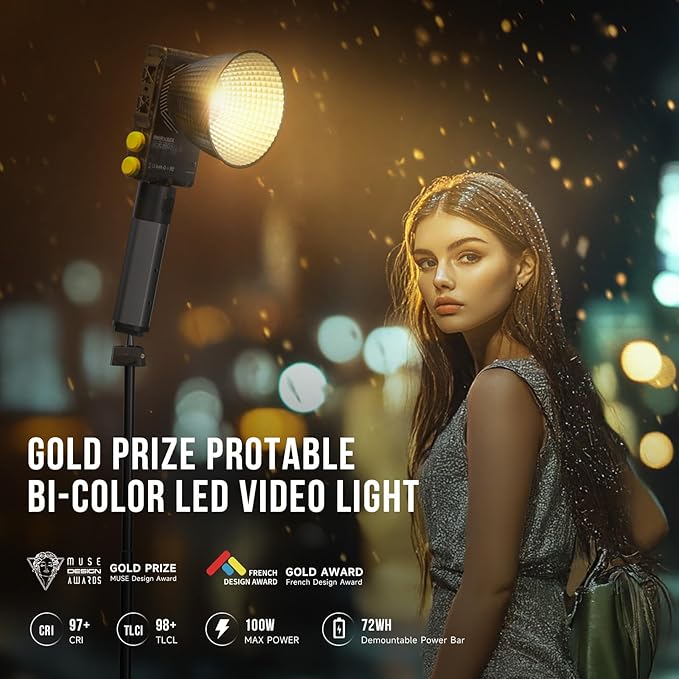 PHOTOOLEX Q100lite 100W LED Video Light with 72Wh Battery Grip, 2700K-6500K Bi-Color COB Continuous Output Lighting, CRI 97+, 27000 Lux@1m Portable Photography Light for Photography, Photo Studio