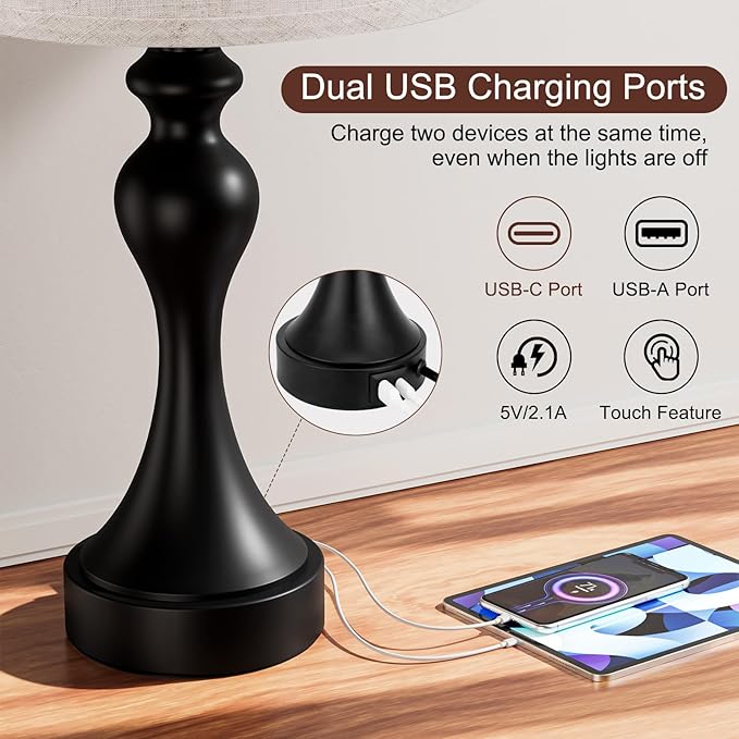 Seealle Touch Lamps for Nightstand - Bedside Lamps Set of 2, 3 Way Dimmable, USB C+A for Bedroom & End Tables (Beige&Black)