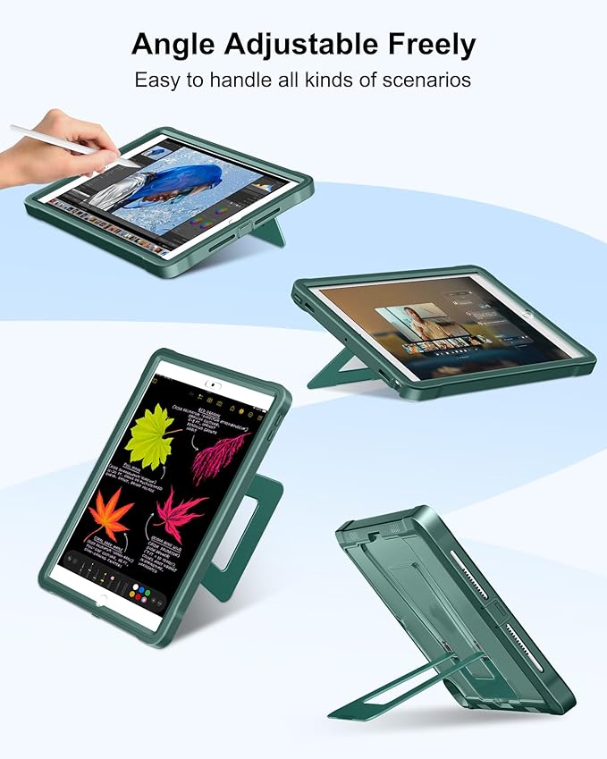 DTTO Case for iPad 6th/5th Generation 9.7 Inch 2018/2017, Adjust Kickstand Freely, Built-in Screen Protector, Frosted Full-Body Shockproof Protective Cover for iPad Air 2 / Pro 9.7, Midnight Green