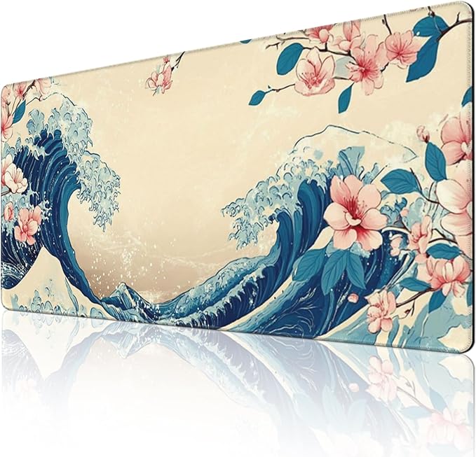 Japanese Sea Wave Extended Large Mouse Pad for Desk, 48"x24" Big Gaming Mouse Pads with Stitched Edges, Non-Slip Rubber Base Computer Desk Mat Mouse Mat for Home Office Work