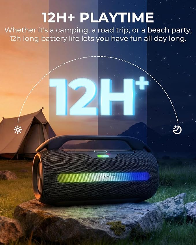 havit 120W Loud Bluetooth Speaker with Deep Bass, IPX6 Waterproof Outdoor Party Speaker, RGB Lights, 12H Playtime, TWS Pairing, Portable Speaker for Beach, Camping, Backyard