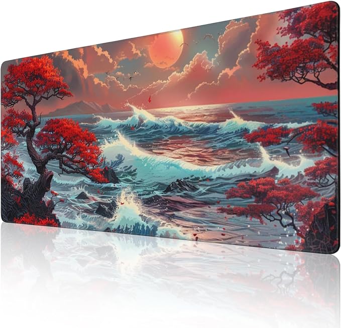 XXXL Japanese Sea Wave Desk Mat 48"x24" - Full Desktop Protector & Non-Slip Gaming Mouse Pad with 3mm Thick Base & Stitched Edge for Dual Monitors, Office & Home