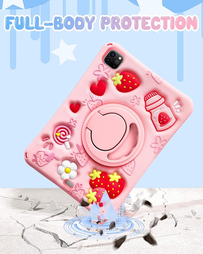 Boaretiu for iPad Air 11 inch Case(Air M4 2026, 8th Gen/M3 2025/M2)/Air 5th/4th Gen 10.9", for iPad Pro 11 inch Case(4th/3rd/2nd/1st Gen) - Cute Strawberry Silicone Shoulder Strap & Stand for Girls