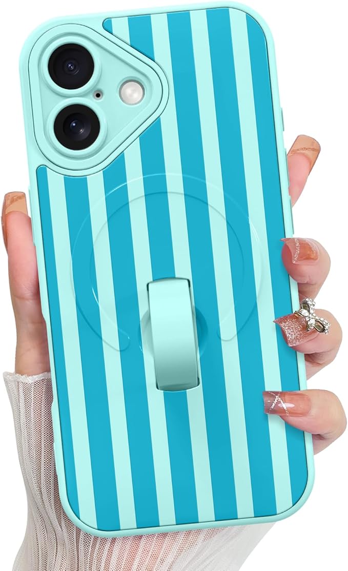KANGHAR Compatible with iPhone 16 Case, Support for MagSafe, Silicone Stripes Cute Pattern, Wristband Kickstand Camera Protection Soft Slim Cover for Girls Women -Blue