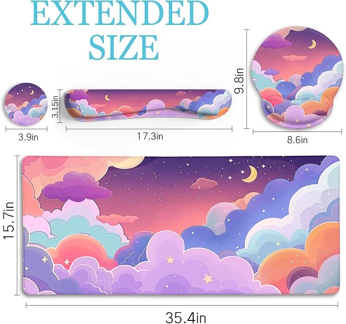 LIMKRIAN Purple Mouse Pad Large Desk Mat Set, Kawaii Clouds Ergonomic Mouse Pad with Wrist Rest Keyboard Wrist Support XXL Mousepad Cup Coaster Set, Cute Purple Office Desk Accessories Decor Supplies