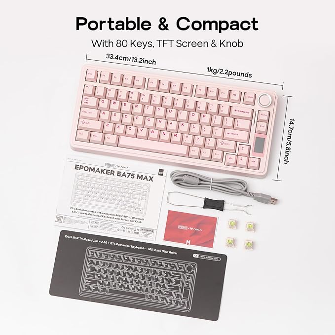 EPOMAKER X Aula EA75 MAX Wireless Gaming Keyboard with Screen & Knob, 5000mAh, Hot-Swap, Lubed Switches, RGB Backlit, Creamy Gasket, 75% Mechanical Keyboard (Pink, Reaper Switch)