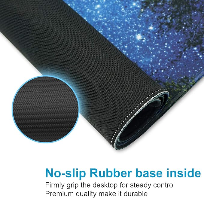 XXL Waterproof Office Desk Pad Protector 35.4x15.7 Inch - Extended Gaming Mouse Pad with Non-Slip Rubber Base, Thickened Keyboard Mat, Stitched Edges & Forest Starry Design