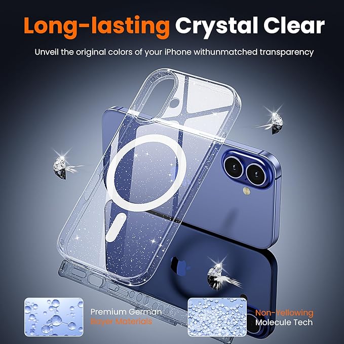 toushion 3 in 1 for iPhone 16 Plus Case Clear Glitter | with MagSafe,Screen Protector *1 & Camera Lens Protector*1, Military-Grade Protection