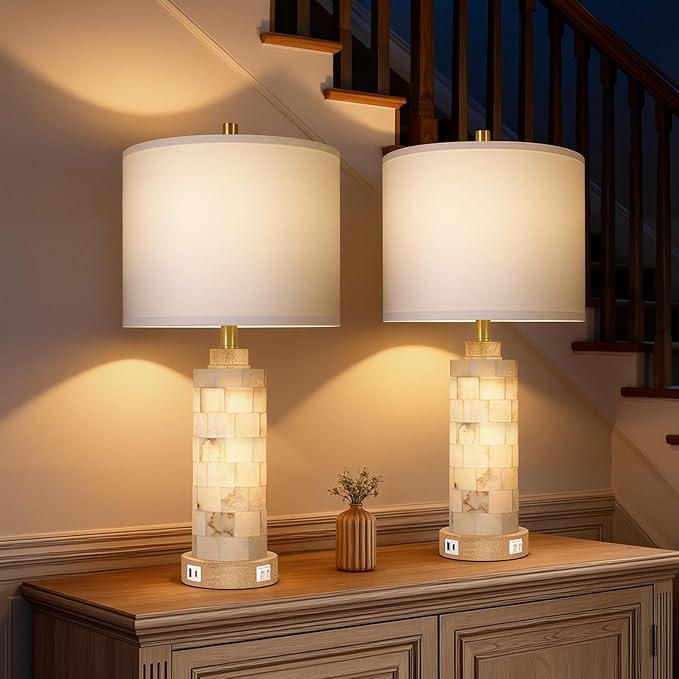 KIVDITZO 27" Alabaster and Wood Table Lamp Set of 2 with Night Light Nightstand Lamps with USB Ports White Linen Fabric Shade Bedside Lamp Decor for Living Room Bedroom Home Office Hotel Bar House
