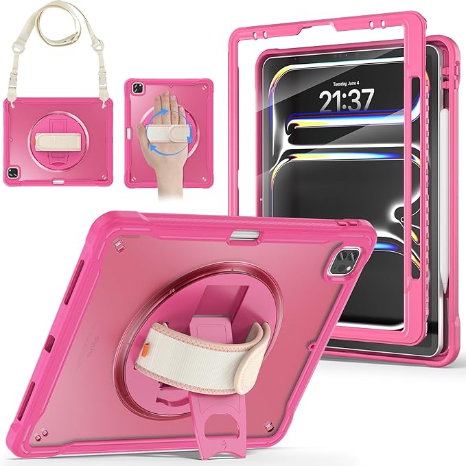 BRAECNstock case for iPad Air 13 Inch M4 2026/ M3 2025/ M2 2024 & Pro 12.9 inch 6th/5th/4th/3rd Generation 2022-2018 Cover with Screen Protector,Pencil Holder,360°Rotate Stand-Rose Red