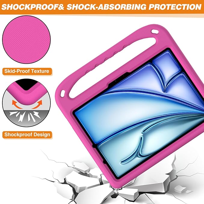 Kids Case for iPad Air 11 inch M4/M3/M2 (2026/2025/2024) & iPad Pro 11 inch M5/M4 (2025/2024) with Pencil Holder/Handle/Kickstand Lightweight Shockproof Cute Soft EVA Foam Stand Cover, Rose