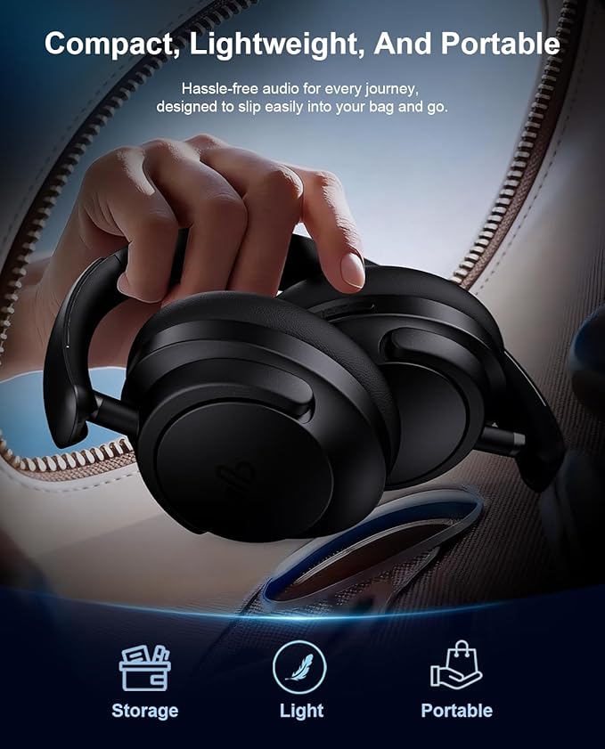 Hybrid Active Noise Cancelling Headphones, Over-Ear Bluetooth Headphone with Hi-Res Audio, 60H Playtime, Deep Bass, Transparency Mode, Foldable Comfort Ear Cups, Ideal gift for Travel Office - Black