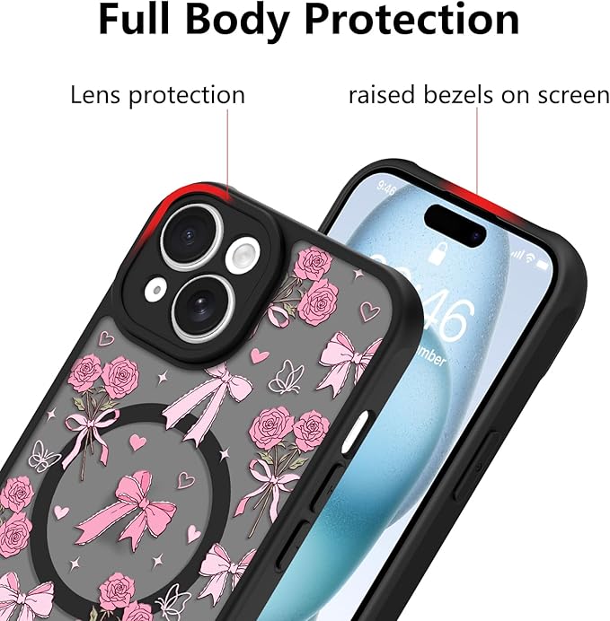 KANGHAR Case Compatible with iPhone 15 Plus Bows Bouquet Pattern [Compatible with Magsafe] Cute Flowers Florals Protective Magnetic Case for Girls Women Men